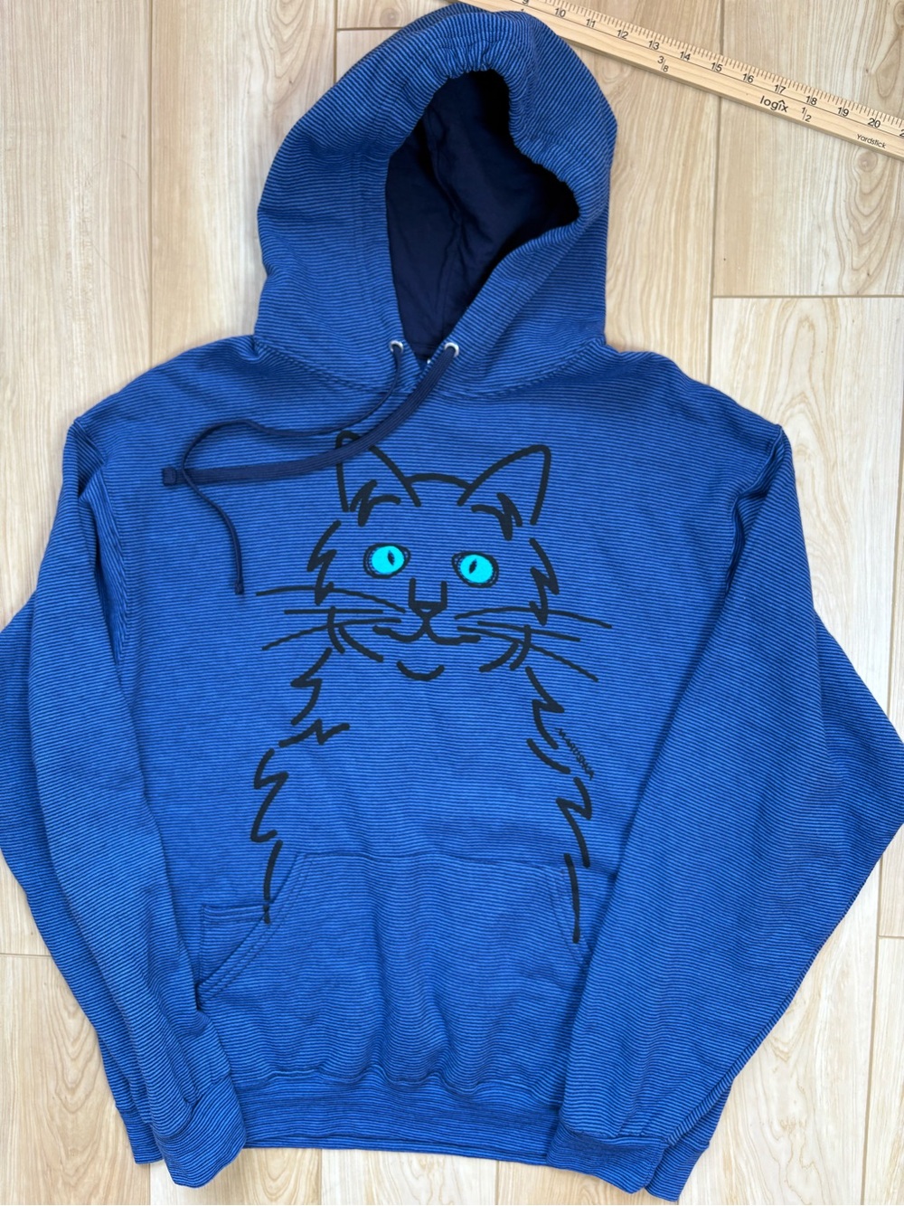 Marushka Blue Cat Graphic Hand Painted Hoodie size Large
